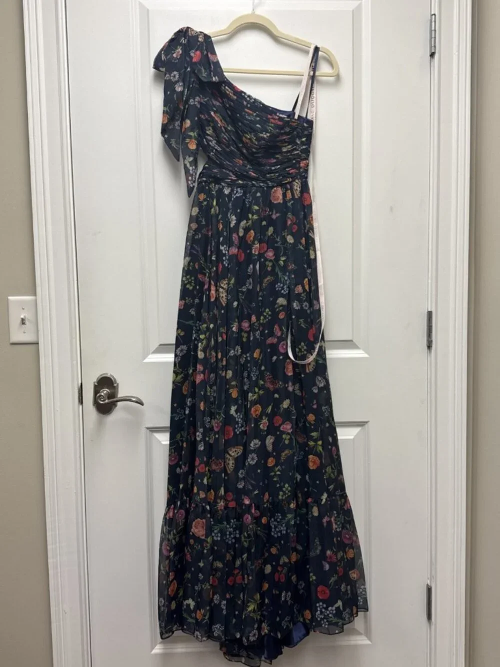 MAC DUGGAL Size 0 Navy 67938 Floral Tied One Shoulder Cut-Out Flowy Gown Dress - Picture 7 of 14